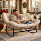 Double Egg Rocking Chair for 2, Oversized Rattan Recliner Loveseat with Padded Cushion, 700 Lbs Heavy Duty Comfy Large Papasan Rocker for Reading Outdoor Patio Balcony Backyard Indoor, Beige