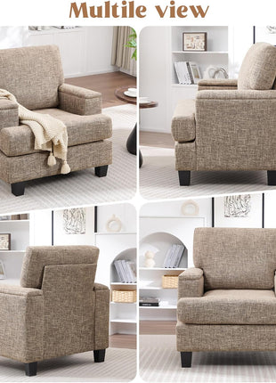 Contemporary Upholstered Accent Chair with Armrest Storage for Living Room and Bedroom, Spacious Fabric Single Sofa Chair in Yellowish Brown