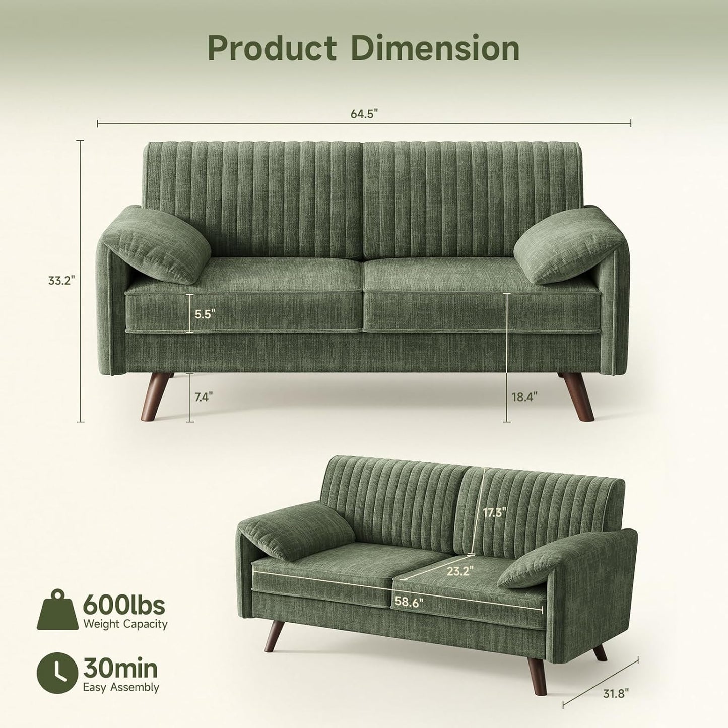 64.5" Loveseat Sofa, Chenille Loveseat Couch for Living Room, 23.2" Deep Seat Love Seat with Padded Arms, Comfy Modern Small Couches for Bedroom, Small Spaces, Dorms, Office, Green