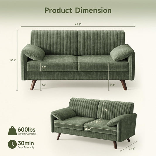 64.5" Loveseat Sofa, Chenille Loveseat Couch for Living Room, 23.2" Deep Seat Love Seat with Padded Arms, Comfy Modern Small Couches for Bedroom, Small Spaces, Dorms, Office, Green