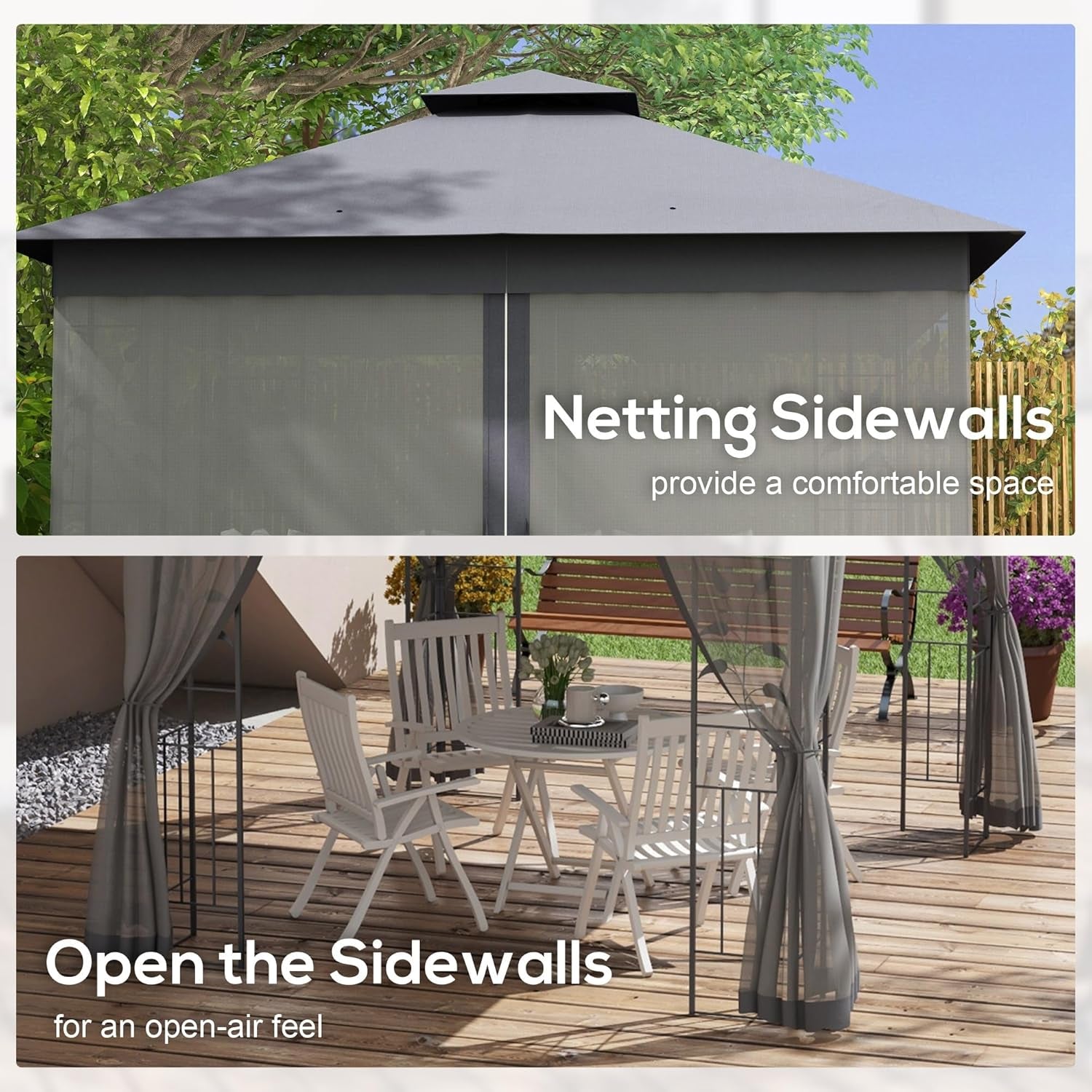 10' X 11.5' Metal Patio Gazebo, Double Roof Outdoor Gazebo Canopy Shelter with Tree Motifs Corner Frame and Netting, for Garden, Lawn, Backyard, and Deck, Gray