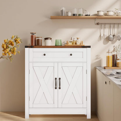 30" Coffee Bar Station, Kitchen Sideboard Buffet Cabinet with a Drawer and Adjustable Shelf, Modern Farmhouse Storage Cabinet for Kitchen, Living Room, Entryway, White
