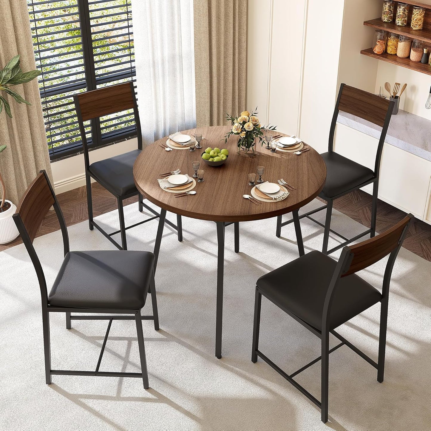 round Dining Table Set for 4, Kitchen Table and Chairs for 4, Dining Room Circle Dinner Pedestal Table, Solid Metal Frame,Space Saving Wood Small Kitchen & Dining Room Furniture,Walnut