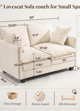 Upgraded Loveseat Sofa with 3-Layer Cushion, 27" Deep Seat, and 2 Washable Pillows, Ideal for Small Spaces, 50-Inch Beige