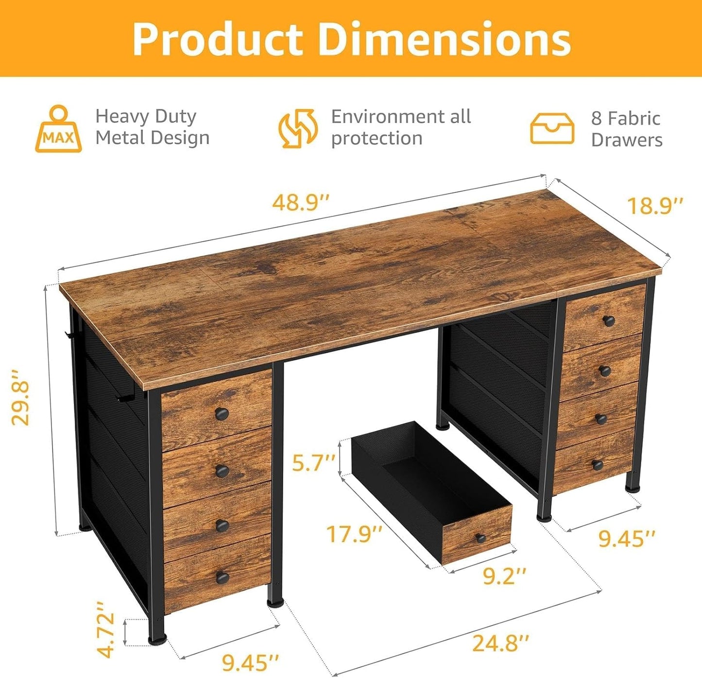 Office Desk with Fabric Drawers on Both Sides, 47 Inch Home Office Desk with 8 Fabric Drawers, Writing Study Work Computer PC Desks with Storage for Bedroom, Rustic Brown
