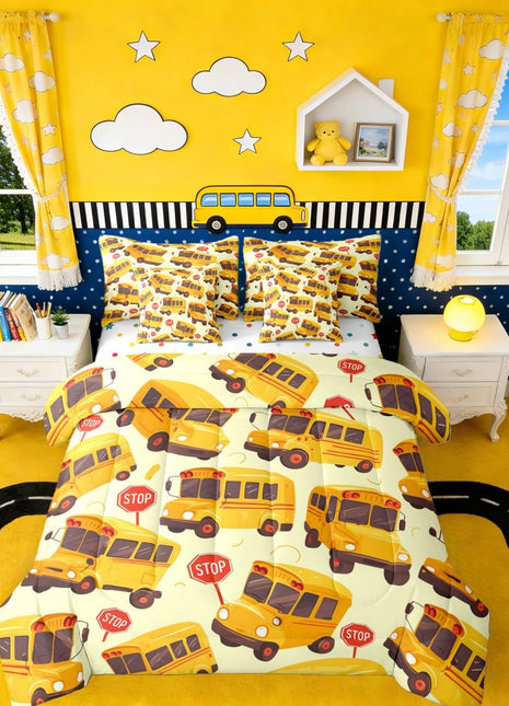 School Bus Twin 7-Piece Bedding Set for Children, Cartoon Vehicle Bed in a Bag for Boys and Girls, School-Themed Comforter Set with Sheets, Yellow Transportation Bed Set