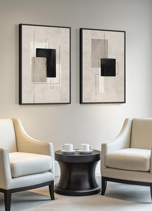 Large Framed Neutral Abstract Wall Art Set - Two Modern Canvas Prints in Black and Beige for Living Room, Minimalist Block Line Decor for Hallway and Office, 24x36 Inches