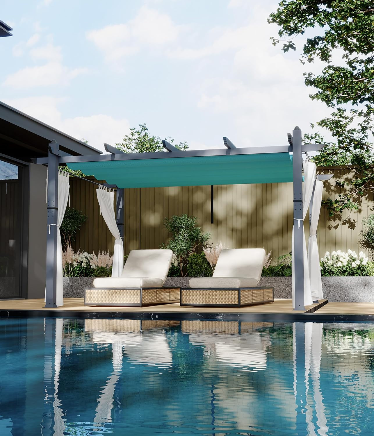 10 X 13 Ft Aluminum Pergola, Outdoor Metal Gazebo with Adjustable Canopy, Reinforced Frame Outdoor Shelter for Backyard Patio Garden Deck - Blue with Curtains Mosquito Netting