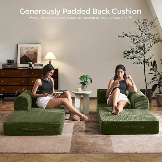 79" Convertible Sof Bed with Fixed-Shpe Frme & Removble rmrests, Modulr Corduroy Sleeper Sof, Folding Mttress Couch for Smll Spces - No ssembly Needed in Green (Includes 2 Pillows)