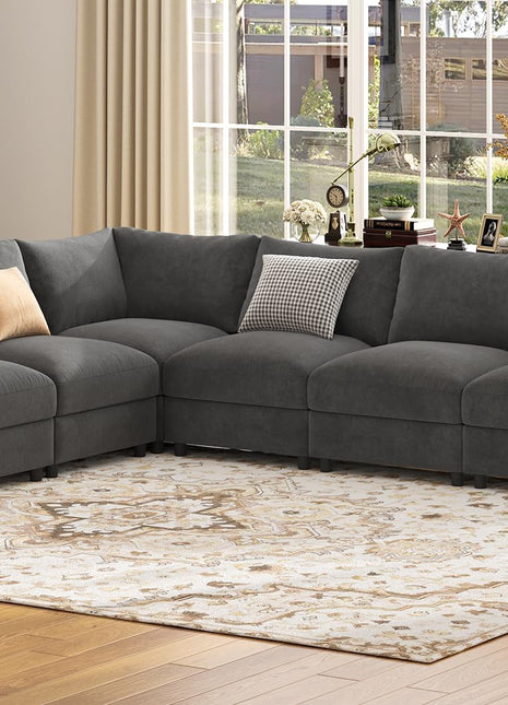 FSC Certified Velvet Oversized Grey U-Shaped Modular Sectional Sofa with Detachable Chaise and Armrest Cushions - Seats 6