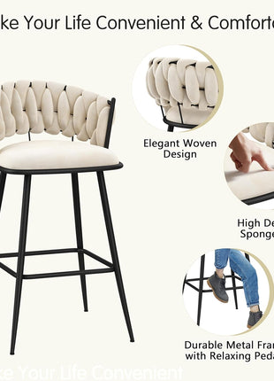 Set of 4 Contemporary 30-Inch Upholstered Bar Stools with Woven Backrest and Footrest for Kitchen and Dining Areas (Ivy)