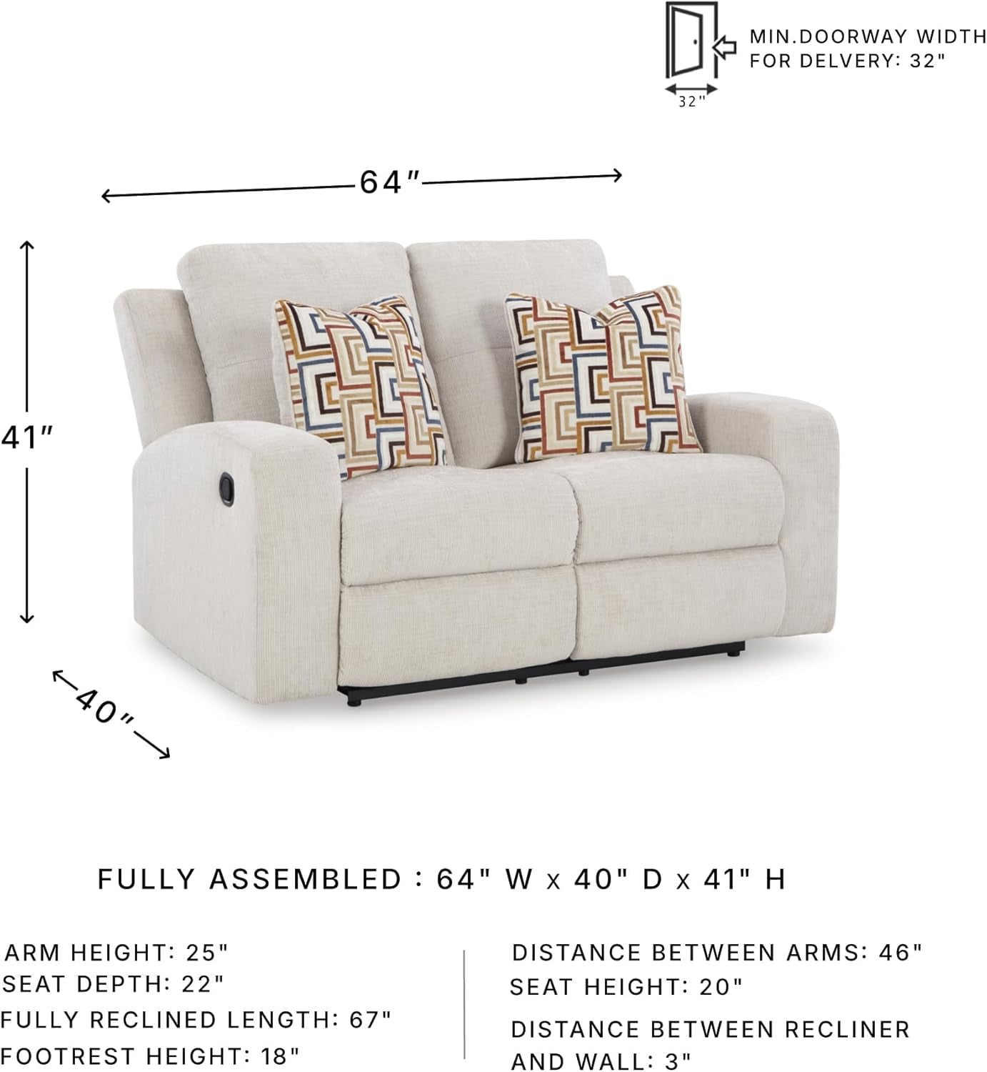 Danum Modern Tufted Manual Reclining Loveseat with 2 Accent Pillows, Beige