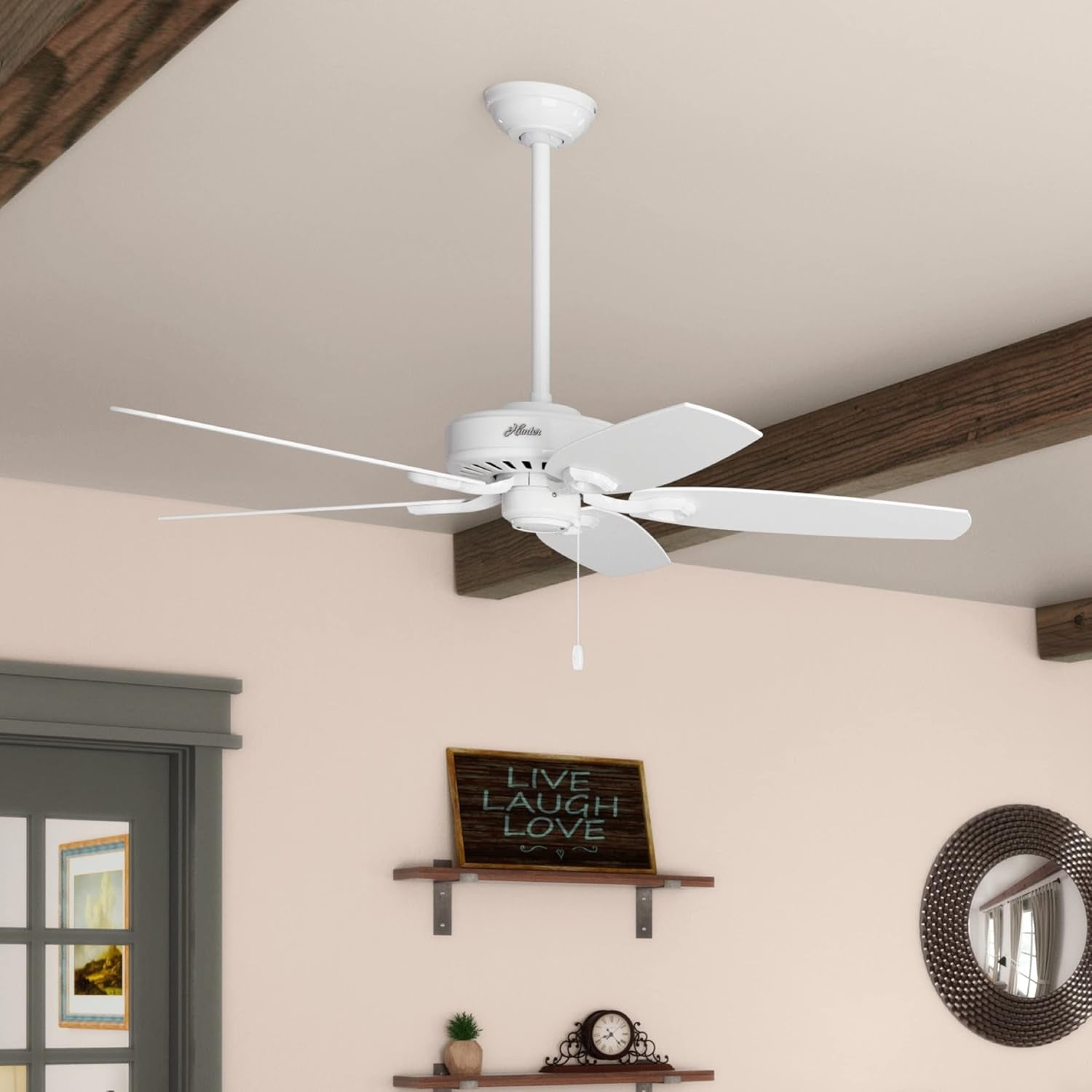 52 Inch Indoor Ceiling Fan No Light with Pull Chain - White Ceiling Fan without Light, Standard Mount, 5 Blades, for Bedroom, Living Room, or Kitchen - Builder Elite 53240, Snow White