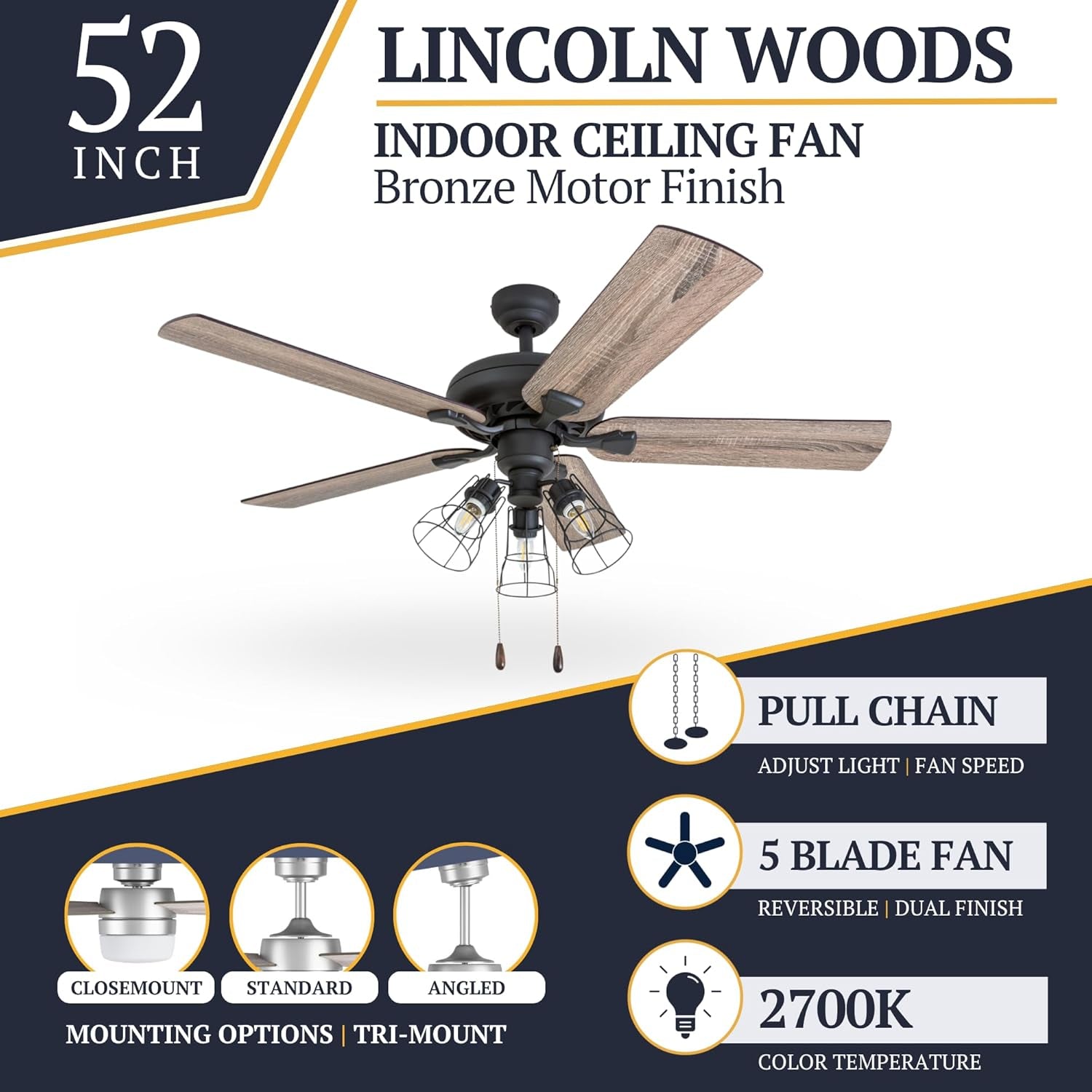 Lincoln Woods, 52 Inch Industrial Style LED Ceiling Fan with Light, Pull Chain, Three Mounting Options, 5 Dual Finish Blades, Reversible Motor - 50581-01 (Bronze)