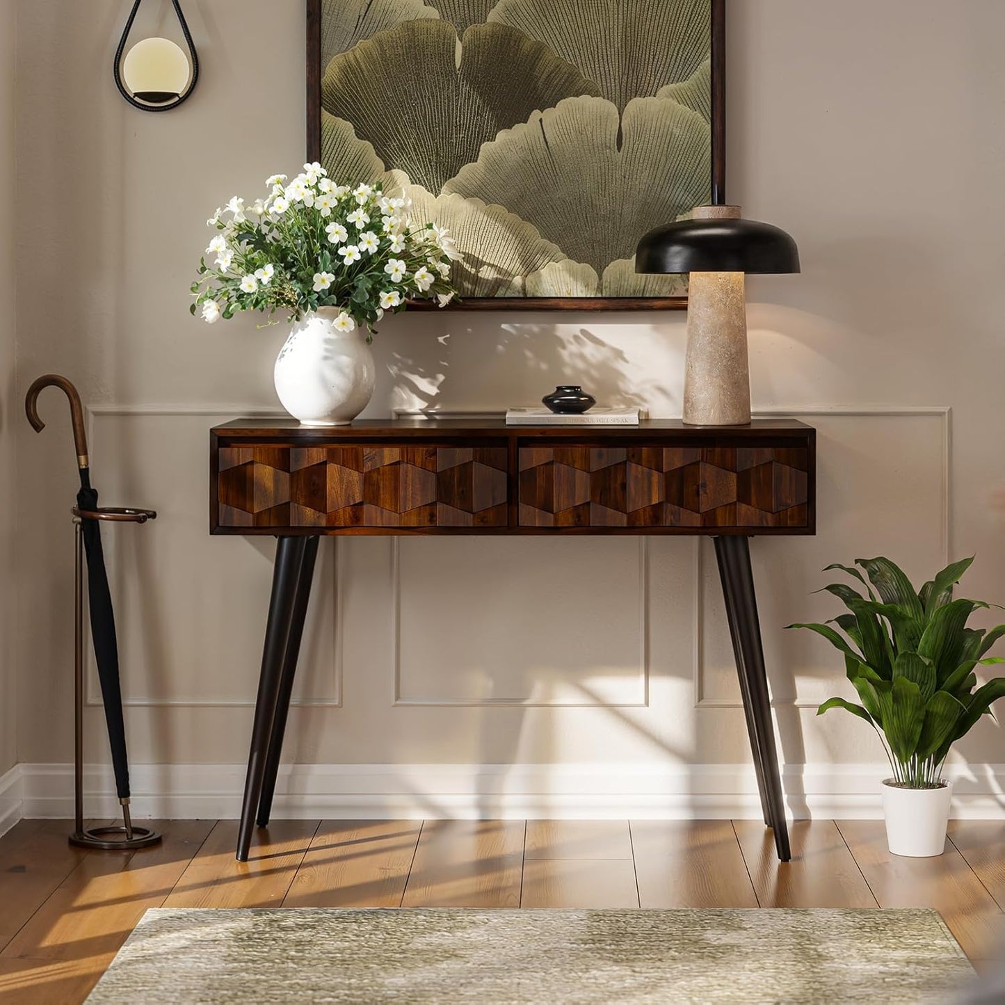 Console Modern Mid-Century 2 Drawers, Unique Geometric Design Sofa Table for Entryway, Hallway, Living Room, Walnut