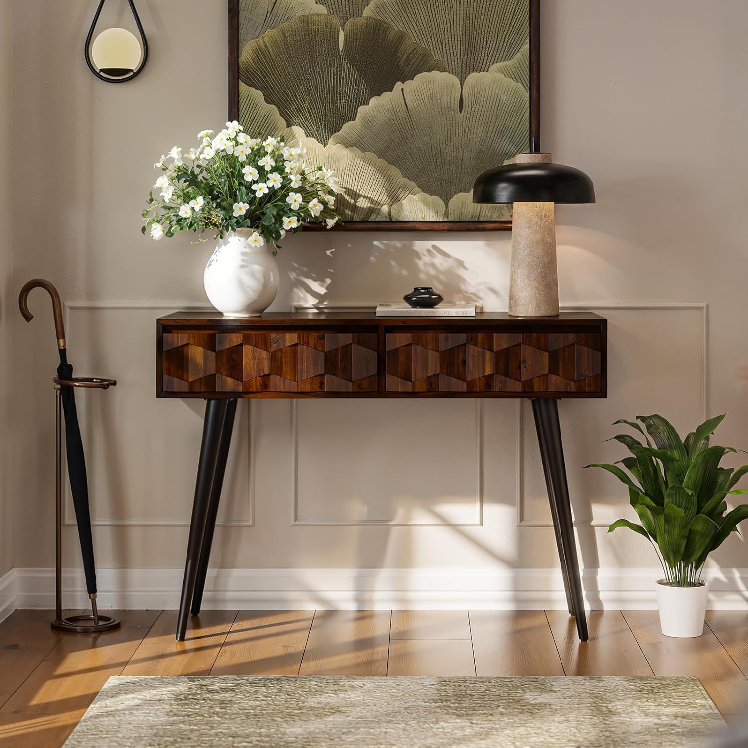 Console Modern Mid-Century 2 Drawers, Unique Geometric Design Sofa Table for Entryway, Hallway, Living Room, Walnut