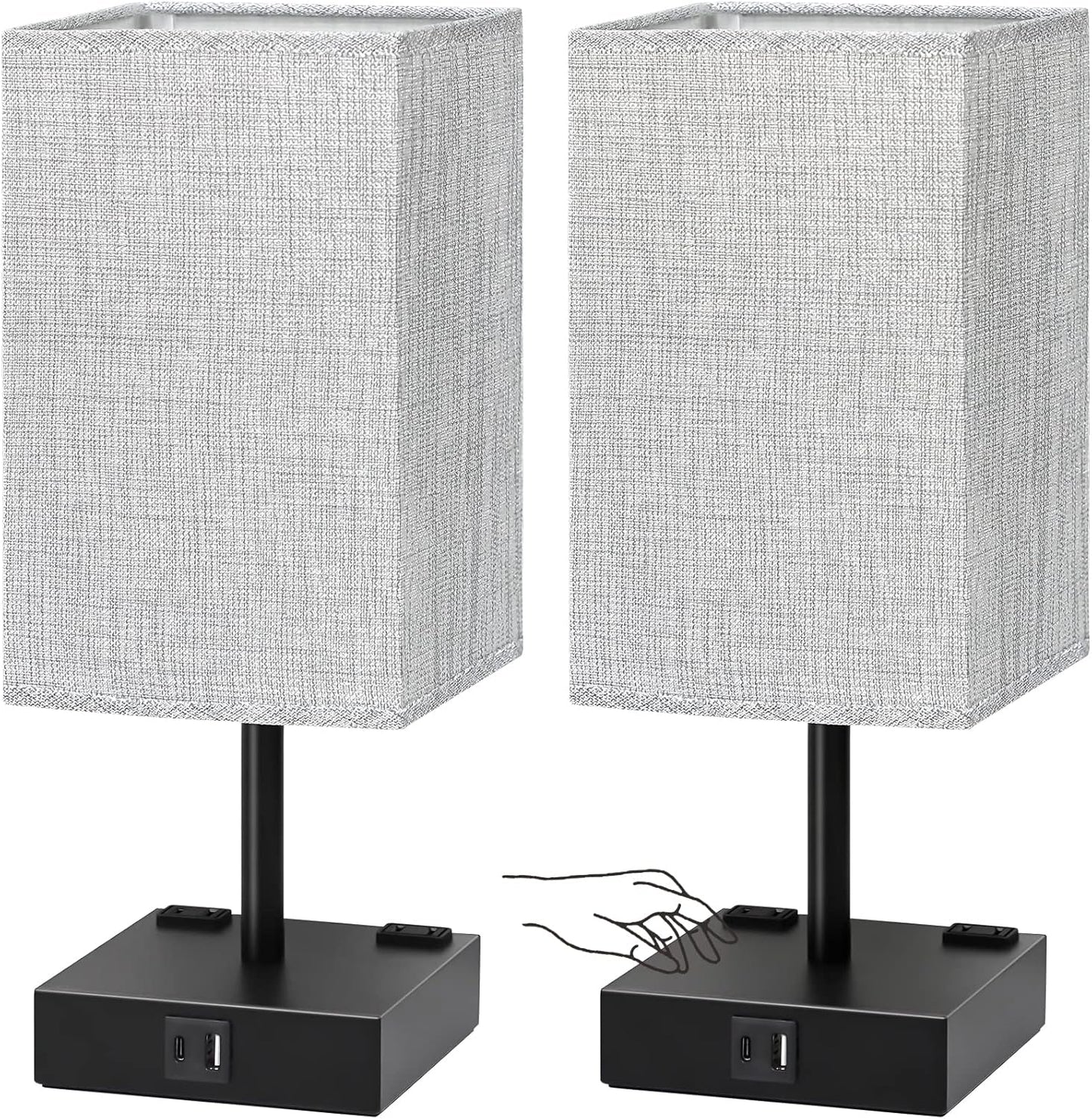 Bedside Table Lamps Set of 2 - Touch Nightstand Lamp for Bedroom with USB C+A Charging Ports & AC Outlets, 3-Way Dimmable Desk Lamp Grey Fabric Shade for Bedroom Living Room, Office(Bulb Included)
