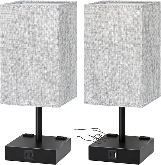 Bedside Table Lamps Set of 2 - Touch Nightstand Lamp for Bedroom with USB C+A Charging Ports & AC Outlets, 3-Way Dimmable Desk Lamp Grey Fabric Shade for Bedroom Living Room, Office(Bulb Included)