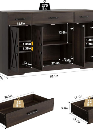 55" Modern Farmhouse Buffet Cabinet with Drawers and Shelves, Dark Brown Wood Sideboard Storage for Kitchen and Dining Room