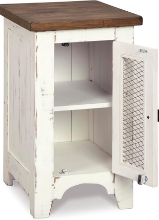 Wystfield Farmhouse Chairside End Table with Storage Cabinet in Distressed White and Brown Finish by Signature Design by Ashley