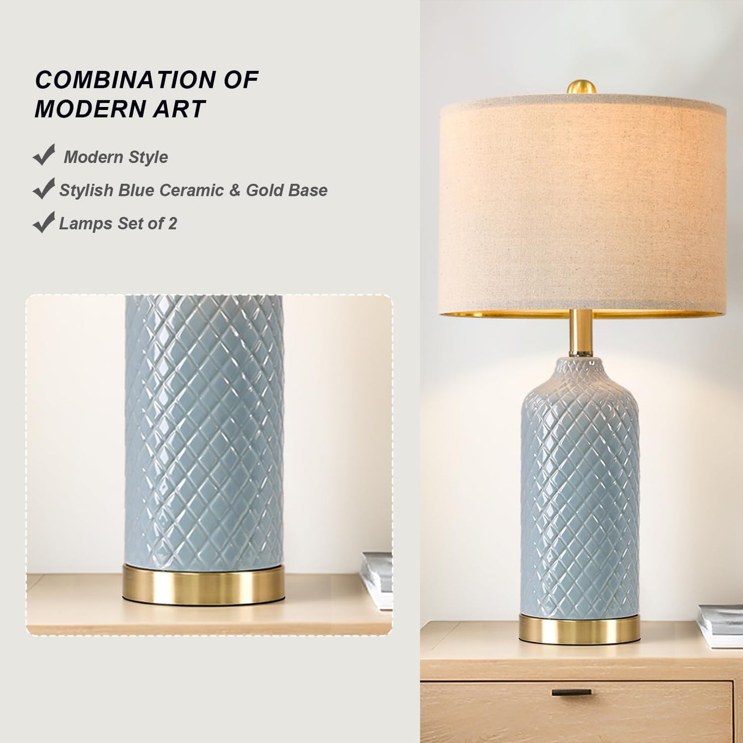24.25" Modern Ceramic Blue Table Lamps Set of 2 for Living Room Bedroom Bedside Table Lamp for Night Stands Boho Nightstand Lamp Coastal Side End Table Lamps Reading Light Home Office Dorm Deco Gifts