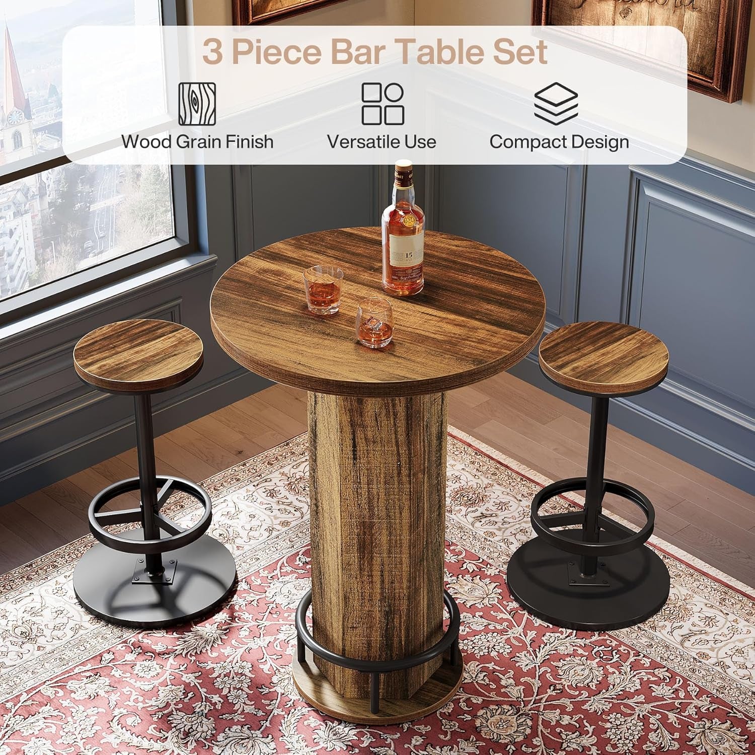 round Bar Table with Chairs, Industrial Bistro Sets with 2 Barstools, Pub Cocktail Table with Metal Ring Footrest for Kitchen Nook, Apartment, Small Space