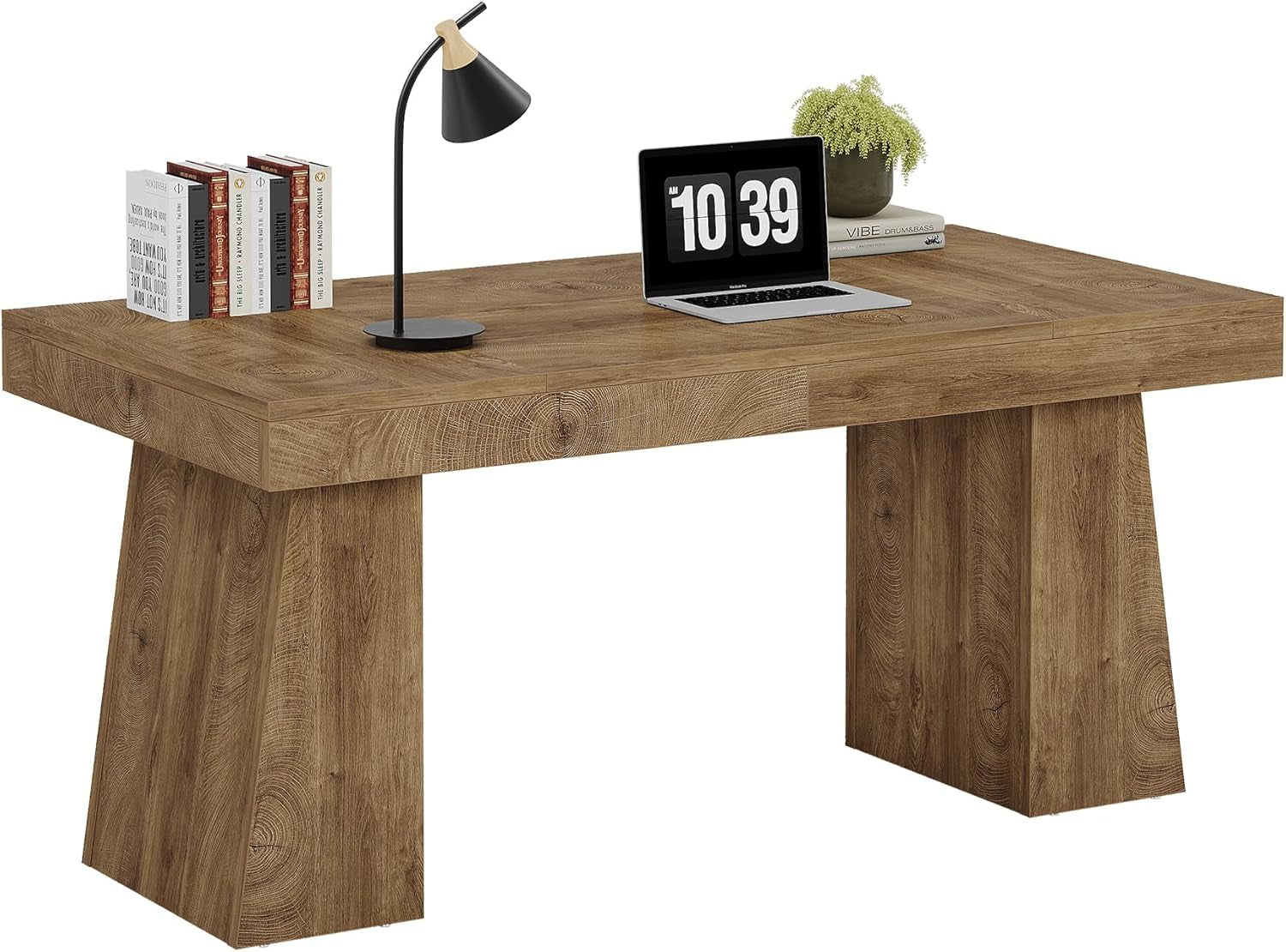 55" Executive Desk, Wooden Office Desk with Double Pedestal, Modern Simple Computer Writing Table for Home Office, Light Brown