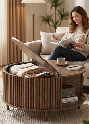 Contemporary Walnut Round Coffee Table with Storage, 31.5" Fluted Center Table for Living Room with Sliding Cabinet Door