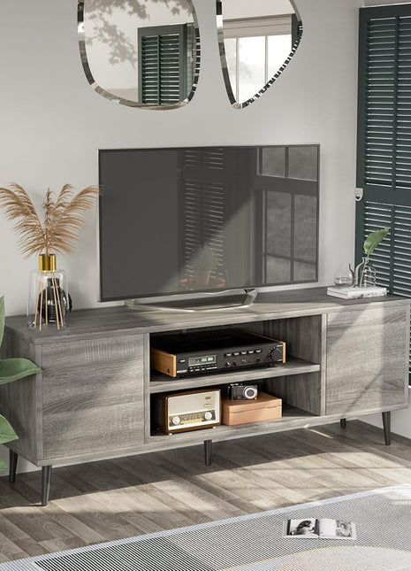 Mid-Century Modern 65-Inch TV Stand with Storage Cabinet and Open Shelves, Media Console for Living Room and Bedroom in Gray