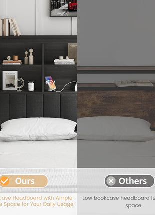 Queen Bed Frame with Storage Headboard, Wood Construction with High Storage Bookcase, Four Drawers, LED Lighting, and Charging Station, No Box Spring Required, Noise-Free, All-Metal Support, Rustic Grey Finish