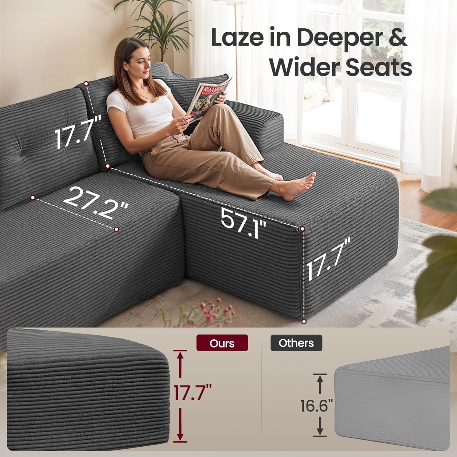 Boneless Couch, Modern Cloud Couch with Deep Seat, Corduroy Sofa for Living Room, Bedroom, Modular Sectional Sofa with Right-Facing Chaise, 108.3 Inches, Slate Gray ULCS182GN01