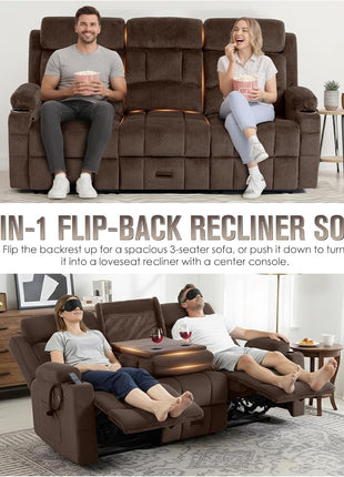 Oversized 3-Seater Loveseat Recliner Sofa with Flip-Down Middle Backrest, Storage Drawer, Dual Manual Recliners, USB Ports, Cup Holders, and Phone Holders in Brown