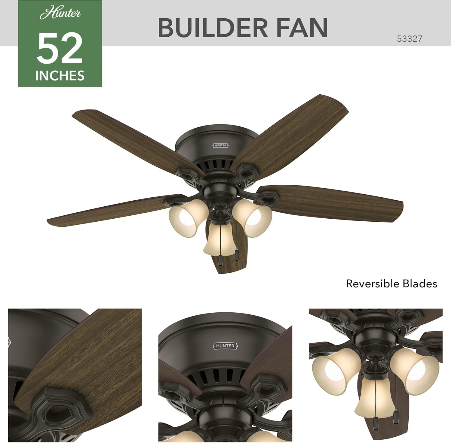 52 Inch Indoor Ceiling Fan with LED Lights - Bronze Ceiling Fan with Pull Chain, for Bedroom, Living Room, or Kitchen, Low Profile Mount, No Remote, 5 Blades - Builder 53327, New Bronze