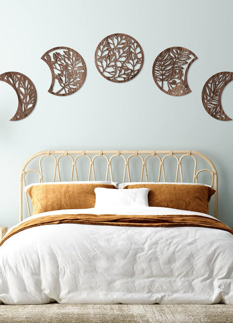 Moon Phase Wooden Wall Art Set of 5 - Nordic Boho Aesthetic Decor for Bedroom, Living Room, and Dorm (Brown, 10.6 Inch, Botanical)