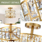 Gold Finish 3LT Crystal Semi Flush Mount Ceiling Light Fixture, Cylinder Drum Shade, Close to Ceiling, Perfect for Kitchen, Dining Room, Bedroom, Living Room, Entryway, Foyer