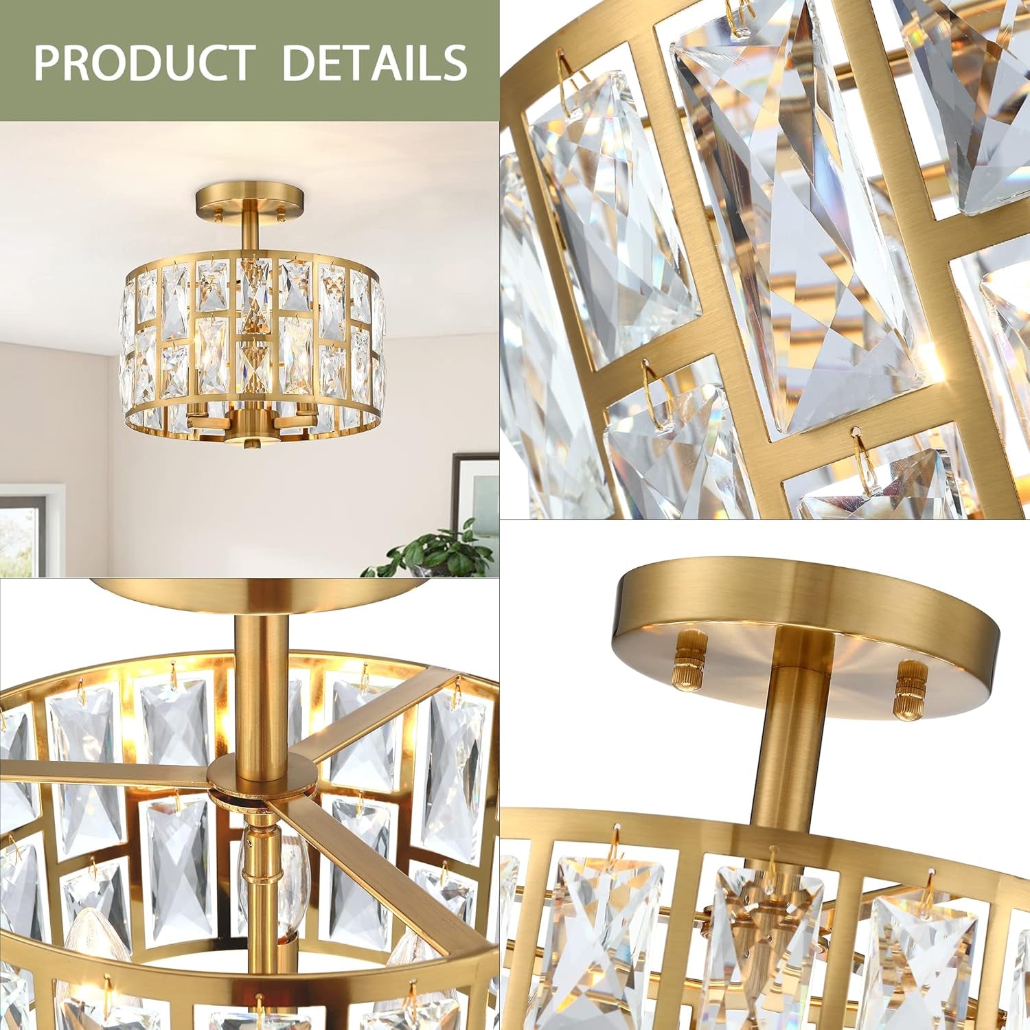 Gold Finish 3LT Crystal Semi Flush Mount Ceiling Light Fixture, Cylinder Drum Shade, Close to Ceiling, Perfect for Kitchen, Dining Room, Bedroom, Living Room, Entryway, Foyer