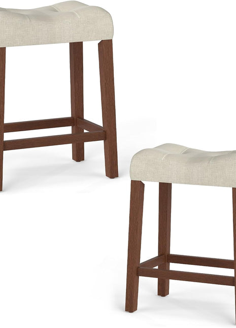 Set of 2 Upholstered 24" Counter Height Saddle Bar Stools with Footrest and Wooden Legs, Farmhouse Button-Tufted Backless Design for Kitchen Island, Dining Room, and Café in Beige and Brown