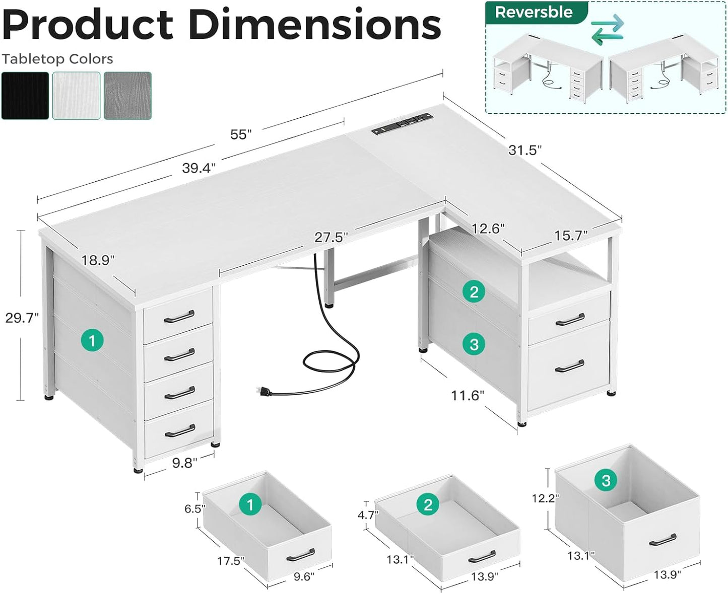 L Shaped Computer Desk with 6 Drawers & Power Outlet, 55 Inch Corner Desk with Reversible Storage Shelf & File Drawer, Home Office Desk, White