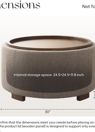 30-Inch Round Storage Ottoman Coffee Table, Modern Boucle Design with Lift-Off Lid and Solid Wood Legs for Living Room, Bedroom, and Apartment Use (Brown)