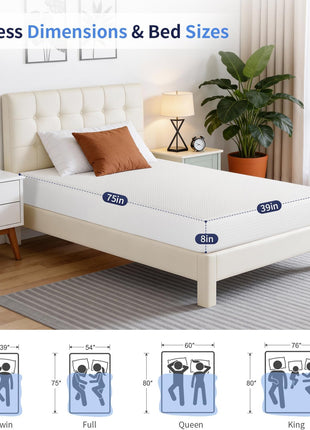 8-Inch Medium Firm Gel Memory Foam Mattress - CertiPUR-US Certified, Pressure Relief, Cooling Ventilation, Washable Removable Cover, Bed-in-a-Box - White