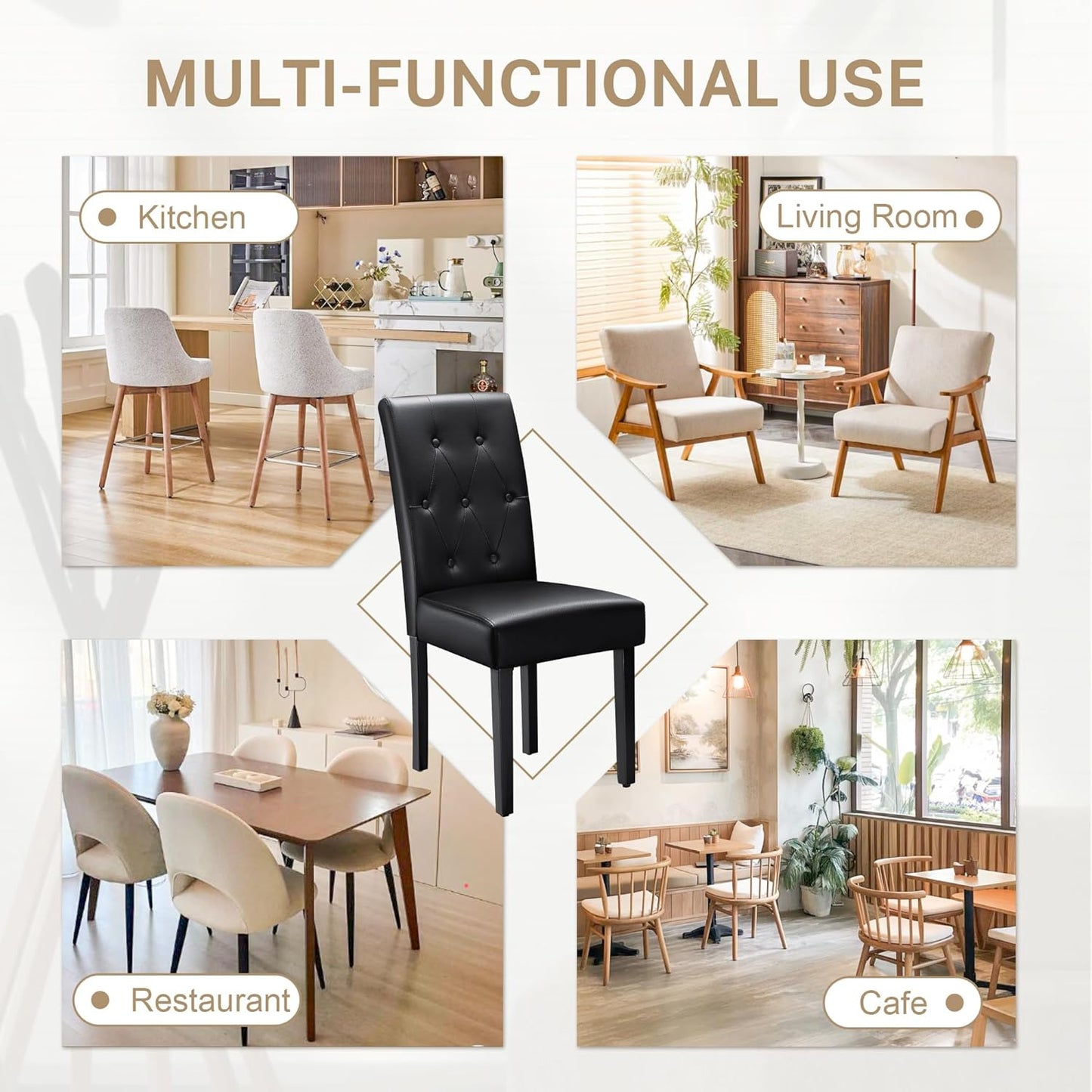 Upholstered Dining Chairs Set of 2, PU Leather Dinning Room Chairs, Button Tufted Kitchen Chairs with Adjustable Wood Legs for Dining Room/Living Room/Restaurant (Leather Black, 2)