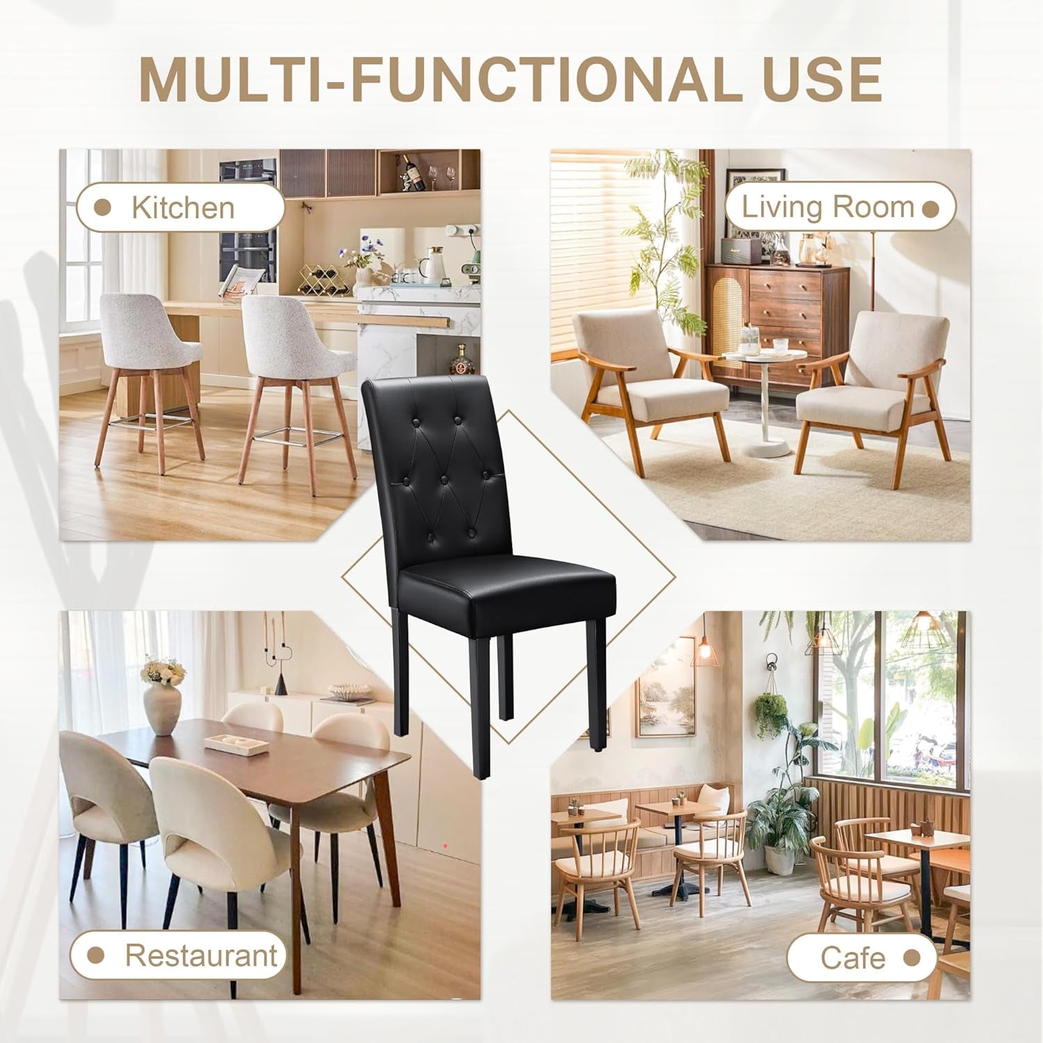 Upholstered Dining Chairs Set of 2, PU Leather Dinning Room Chairs, Button Tufted Kitchen Chairs with Adjustable Wood Legs for Dining Room/Living Room/Restaurant (Leather Black, 2)