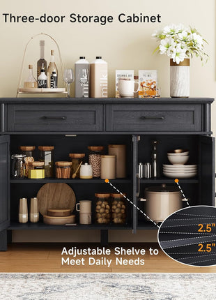 48-Inch Farmhouse Buffet Cabinet with Storage, Featuring 2 Drawers and 3 Doors, Wood Coffee Bar Cabinet with Adjustable Shelves for Kitchen and Living Room, Black Finish
