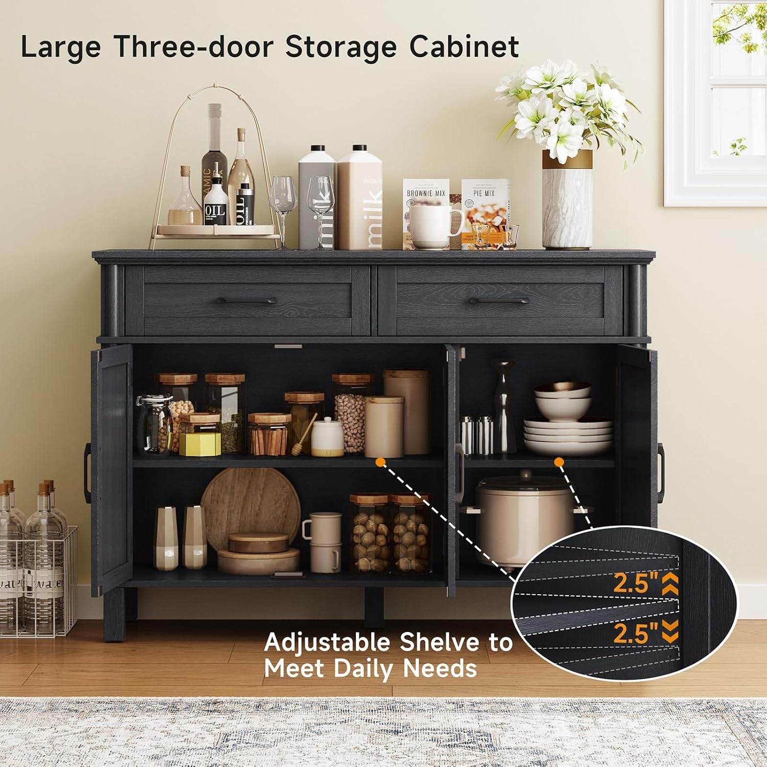 48 Inches Buffet Cabinet with Storage, Farmhouse Sideboard Buffet W/2 Drawers and 3 Doors, Wood Coffee Bar Cabinet with Adjustable Shelves, Sideboard Storage for Kitchen, Living Room, Black