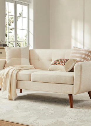 65-Inch Mid-Century Modern Loveseat Sofa, Upholstered Button-Tufted Couch for Living Room and Bedroom, Beige Linen Fabric with Solid Wood Legs and Pocket Spring Support, Easy Assembly