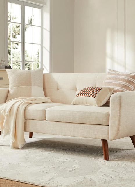 65-Inch Mid-Century Modern Loveseat Sofa, Upholstered Button-Tufted Couch for Living Room and Bedroom, Beige Linen Fabric with Solid Wood Legs and Pocket Spring Support, Easy Assembly