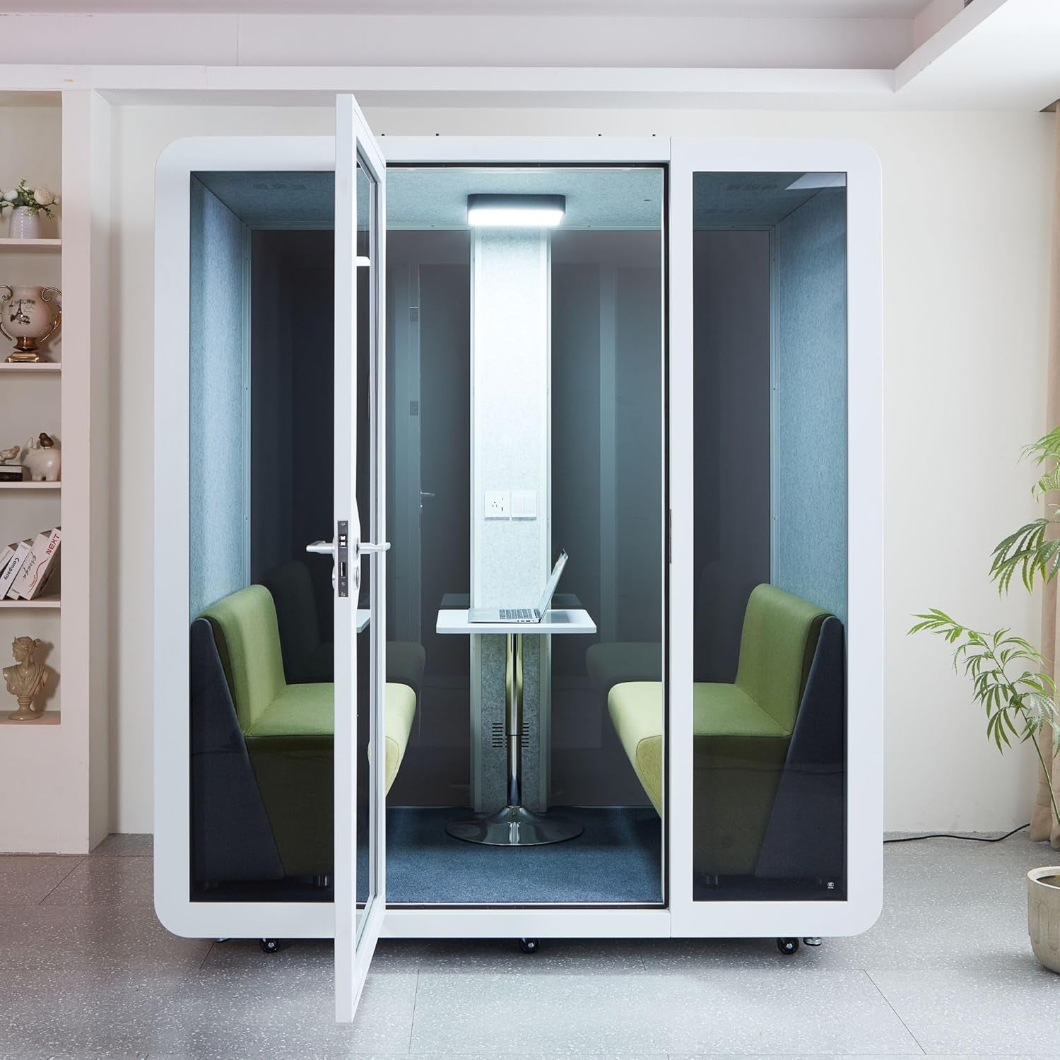 Mobile Office Pod Booth, Sound Proof Office Pod Booth with Mobile Roller, Larger Space for 2-4 People, LED Lighting System,Fans and AC USB Ports（White-Grey）