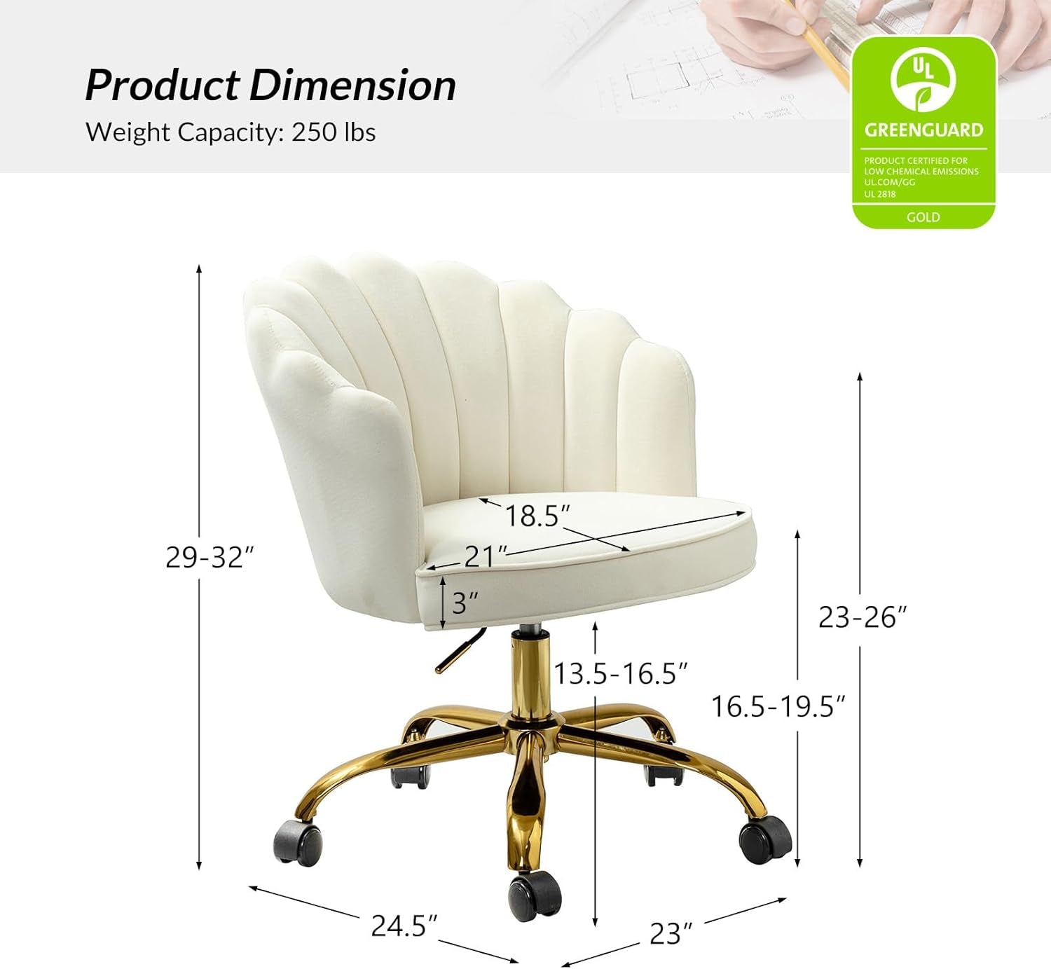 Velvet Home Office Desk Chair with Gold Base, Adjustable Swivel Task Chair for Vanity, Women'S Modern Cute Shell Back Upholstered Design, for Living Room, Ivory