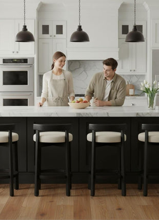 Set of 4 Mid-Century Modern Linen Counter Stools with Upholstered 26.5” Seat Height, Black Wood Legs, and Round Low Back, Perfect for Dining Rooms and Restaurants, Beige