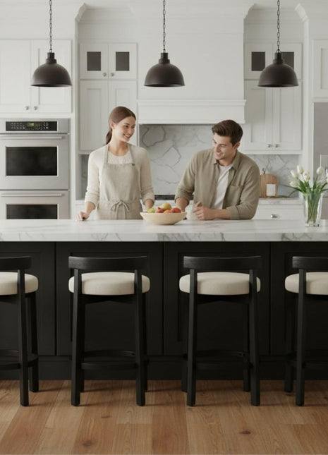 Set of 4 Mid-Century Modern Linen Counter Stools with Upholstered 26.5” Seat Height, Black Wood Legs, and Round Low Back, Perfect for Dining Rooms and Restaurants, Beige